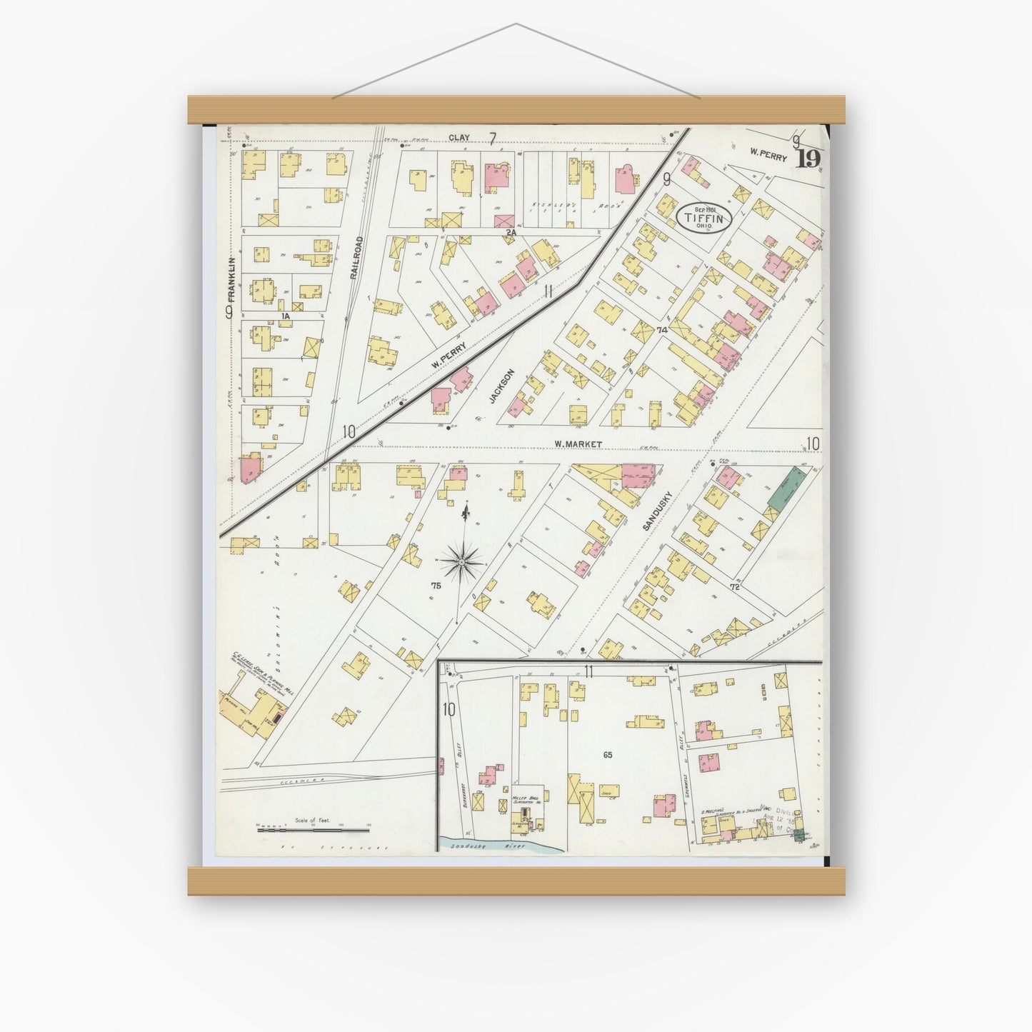 Old map wall art mockup — magnetic wood frame on white wall — Sanborn Fire Insurance Map from Tiffin, Seneca County, Ohio (1901), Sheet #0019