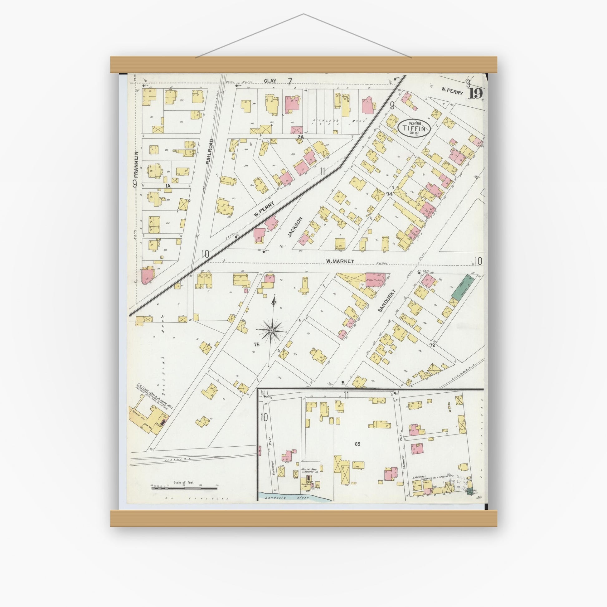 Old map wall art mockup — magnetic wood frame on white wall — Sanborn Fire Insurance Map from Tiffin, Seneca County, Ohio (1901), Sheet #0019