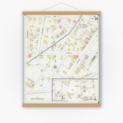 Old map wall art mockup — magnetic wood frame on white wall — Sanborn Fire Insurance Map from Tiffin, Seneca County, Ohio (1901), Sheet #0019
