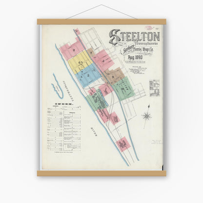 Old map wall art mockup — magnetic wood frame on white wall — Sanborn Fire Insurance Map from Steelton, Dauphin County, Pennsylvania (1890) - Complete Map Set