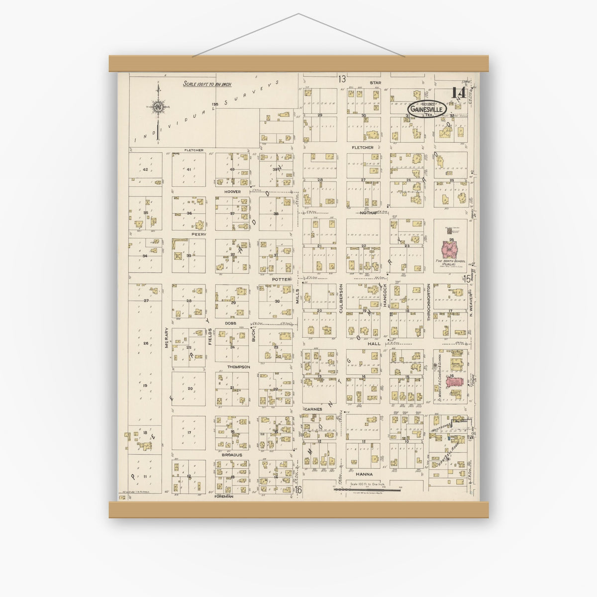 Old map wall art mockup — magnetic wood frame on white wall — Sanborn Fire Insurance Map from Gainesville, Cooke County, Texas (1922), Sheet #0014