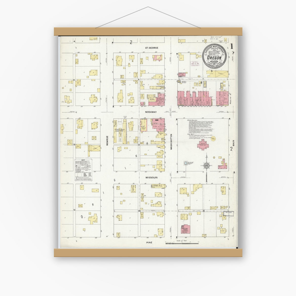 Old map wall art mockup — magnetic wood frame on white wall — Sanborn Fire Insurance Map from Oregon, Holt County, Missouri (1911) - Complete Map Set