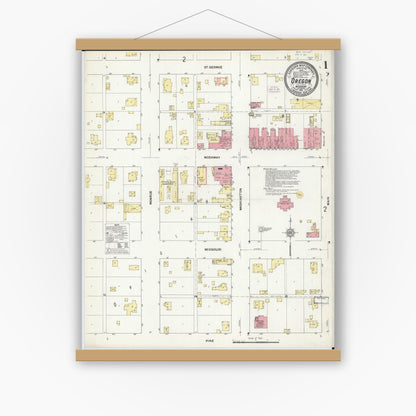 Old map wall art mockup — magnetic wood frame on white wall — Sanborn Fire Insurance Map from Oregon, Holt County, Missouri (1911) - Complete Map Set