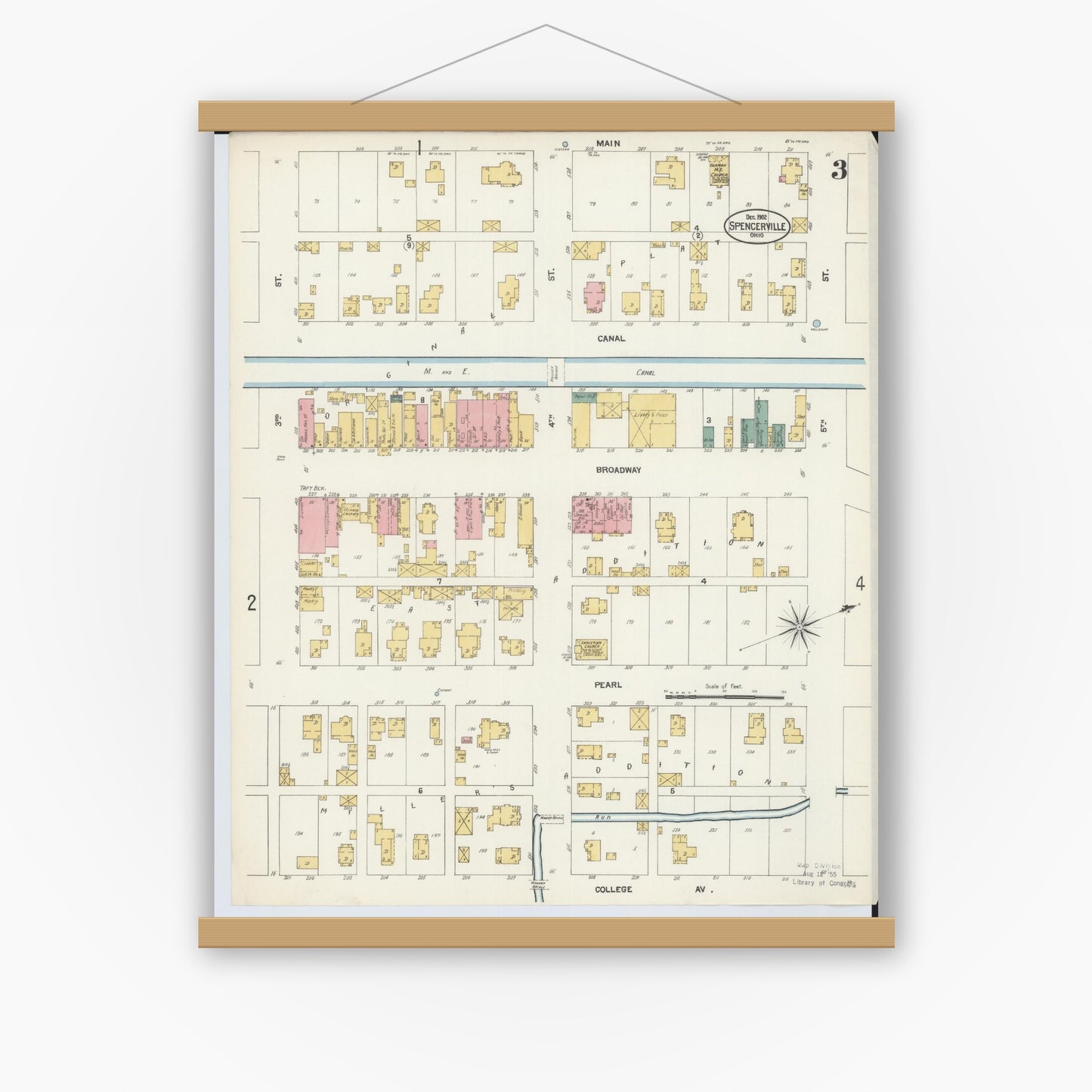 Old map wall art mockup — magnetic wood frame on white wall — Sanborn Fire Insurance Map from Spencerville, Allen County, Ohio (1902), Sheet #0003