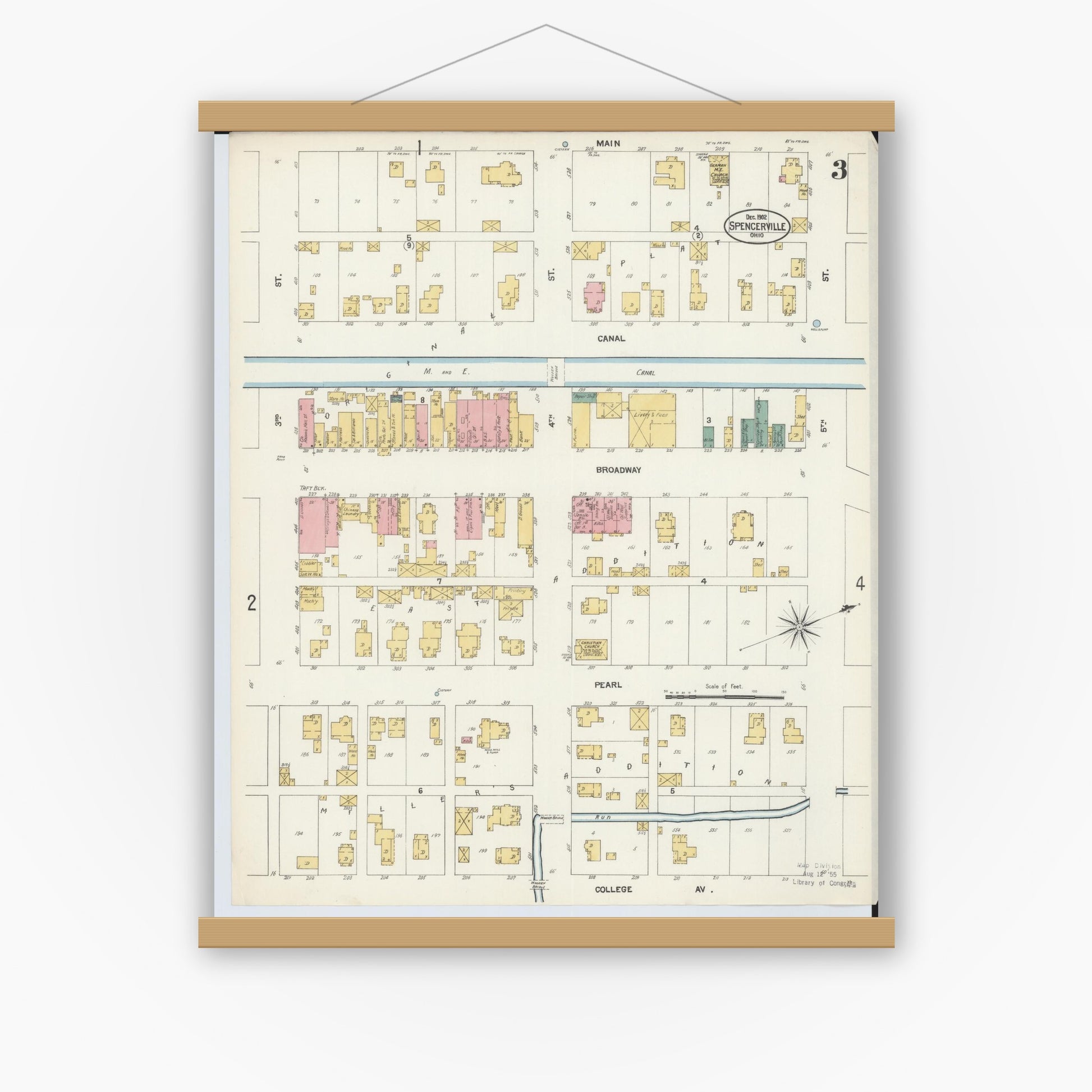 Old map wall art mockup — magnetic wood frame on white wall — Sanborn Fire Insurance Map from Spencerville, Allen County, Ohio (1902), Sheet #0003