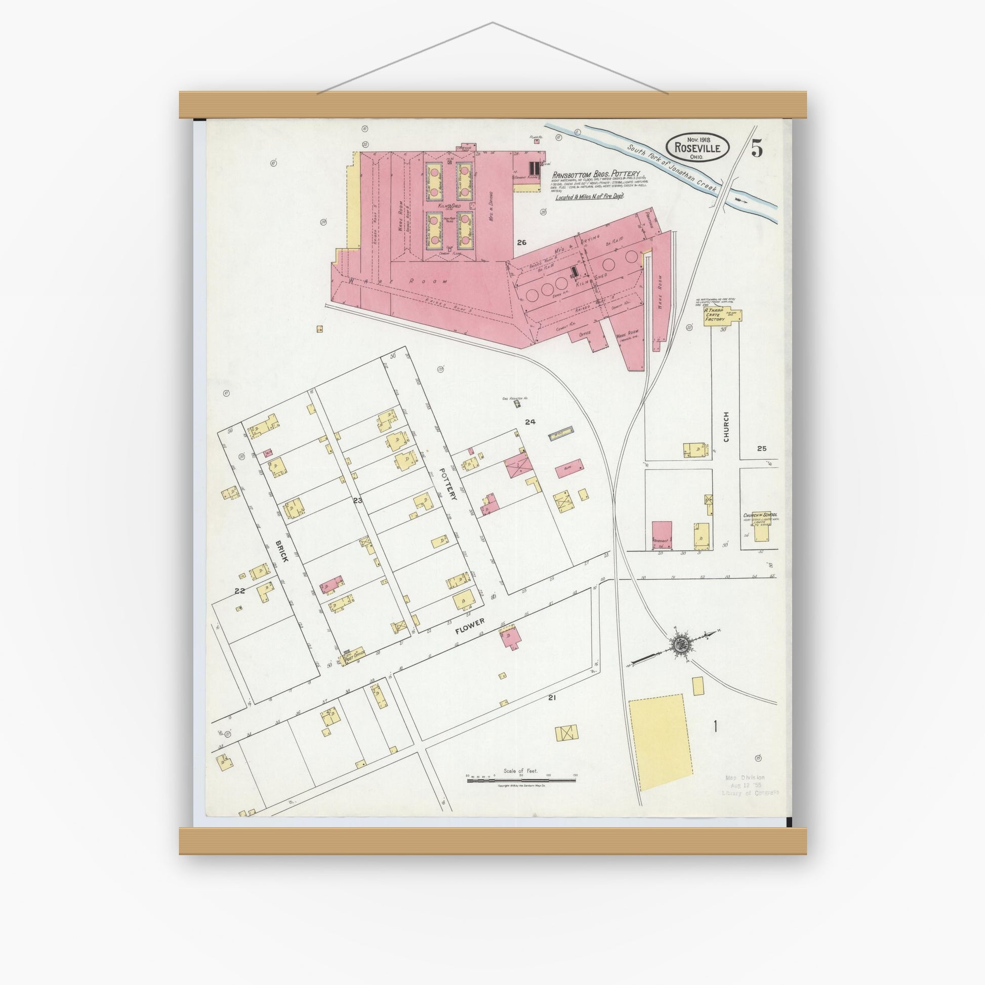 Old map wall art mockup — magnetic wood frame on white wall — Sanborn Fire Insurance Map from Roseville, Perry And Muskingum Counties, Ohio (1918), Sheet #0005
