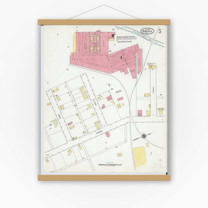 Old map wall art mockup — magnetic wood frame on white wall — Sanborn Fire Insurance Map from Roseville, Perry And Muskingum Counties, Ohio (1918), Sheet #0005