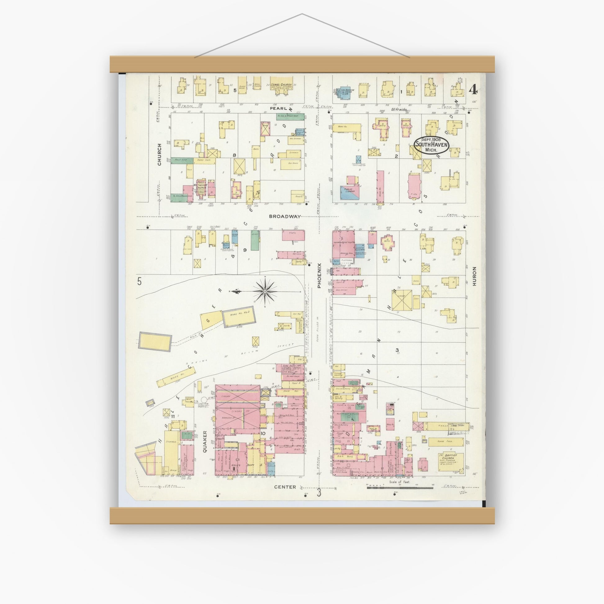 Old map wall art mockup — magnetic wood frame on white wall — Sanborn Fire Insurance Map from South Haven, Van Buren County, Michigan (1908), Sheet #0004