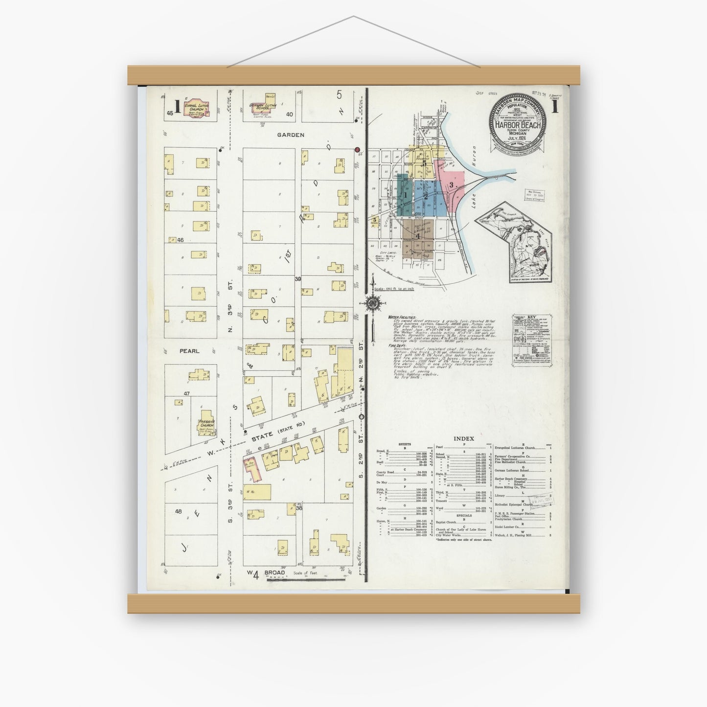 Old map wall art mockup — magnetic wood frame on white wall — Sanborn Fire Insurance Map from Harbor Beach, Huron County, Michigan (1924) - Complete Map Set