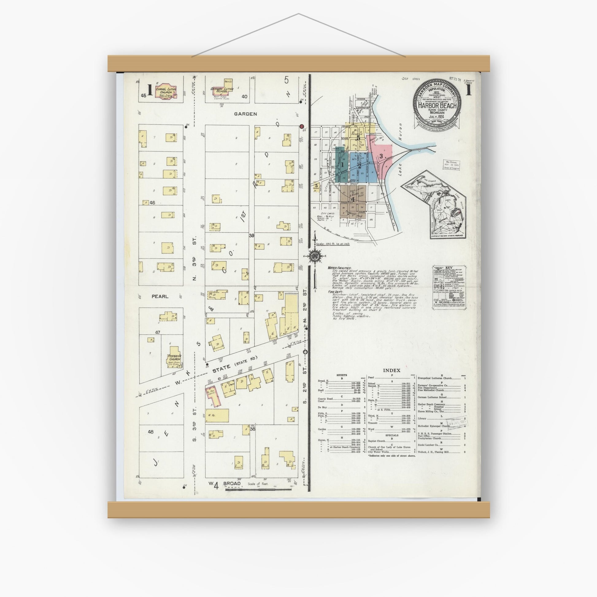 Old map wall art mockup — magnetic wood frame on white wall — Sanborn Fire Insurance Map from Harbor Beach, Huron County, Michigan (1924) - Complete Map Set
