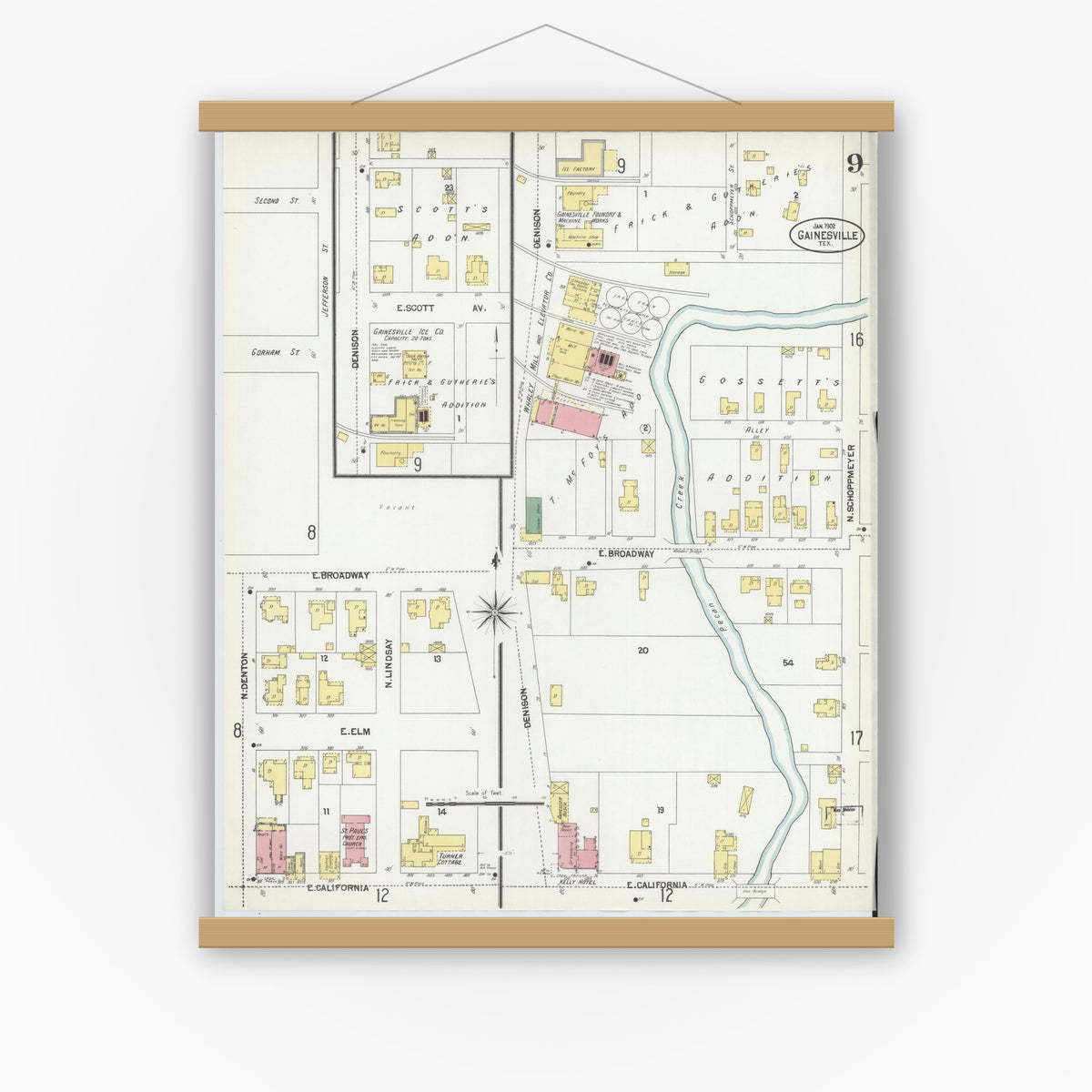Old map wall art mockup — magnetic wood frame on white wall — Sanborn Fire Insurance Map from Gainesville, Cooke County, Texas (1902), Sheet #0009