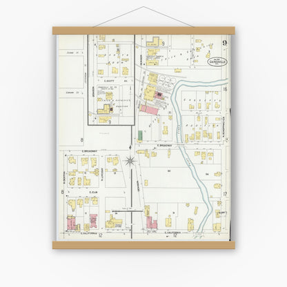 Old map wall art mockup — magnetic wood frame on white wall — Sanborn Fire Insurance Map from Gainesville, Cooke County, Texas (1902), Sheet #0009