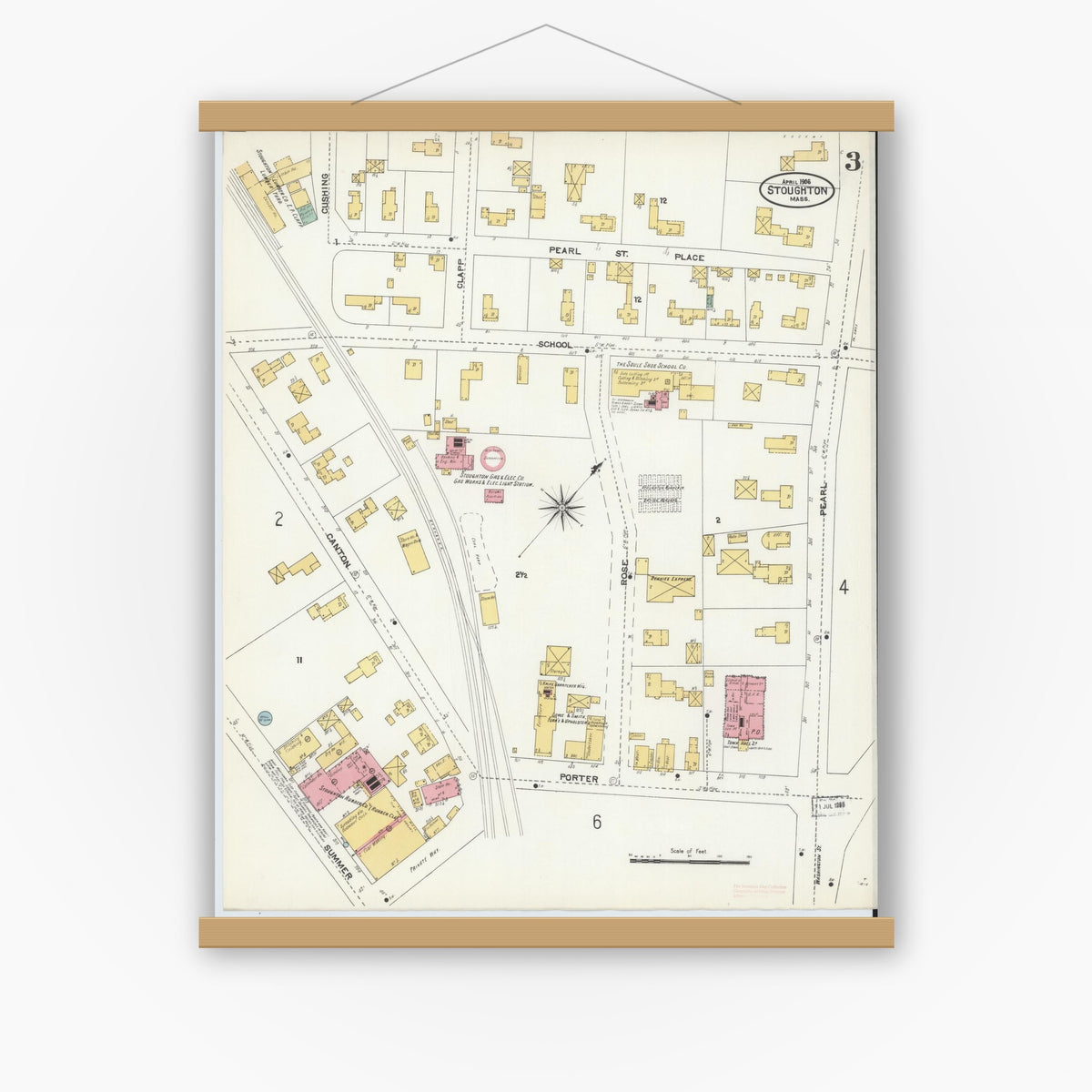 Old map wall art mockup — magnetic wood frame on white wall — Sanborn Fire Insurance Map from Stoughton, Norfolk County, Massachusetts (1906), Sheet #0003