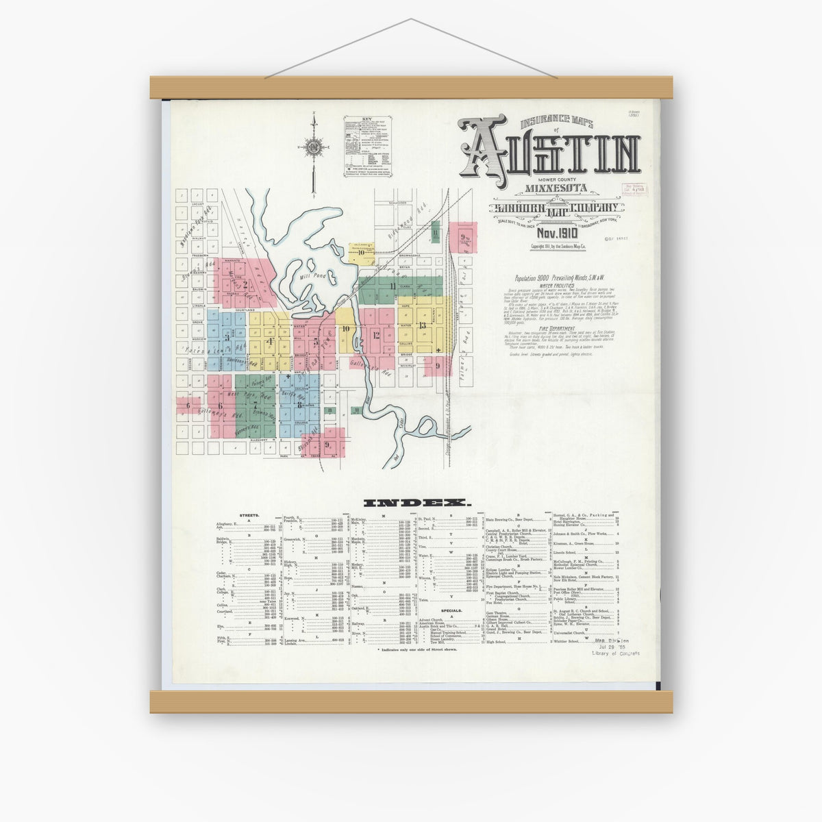 Old map wall art mockup — magnetic wood frame on white wall — Sanborn Fire Insurance Map from Austin, Mower County, Minnesota (1910), Sheet #0001