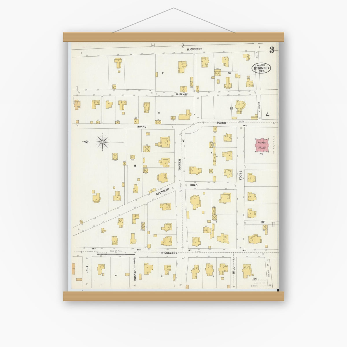 Old map wall art mockup — magnetic wood frame on white wall — Sanborn Fire Insurance Map from McKinney, Collin County, Texas (1902), Sheet #0003
