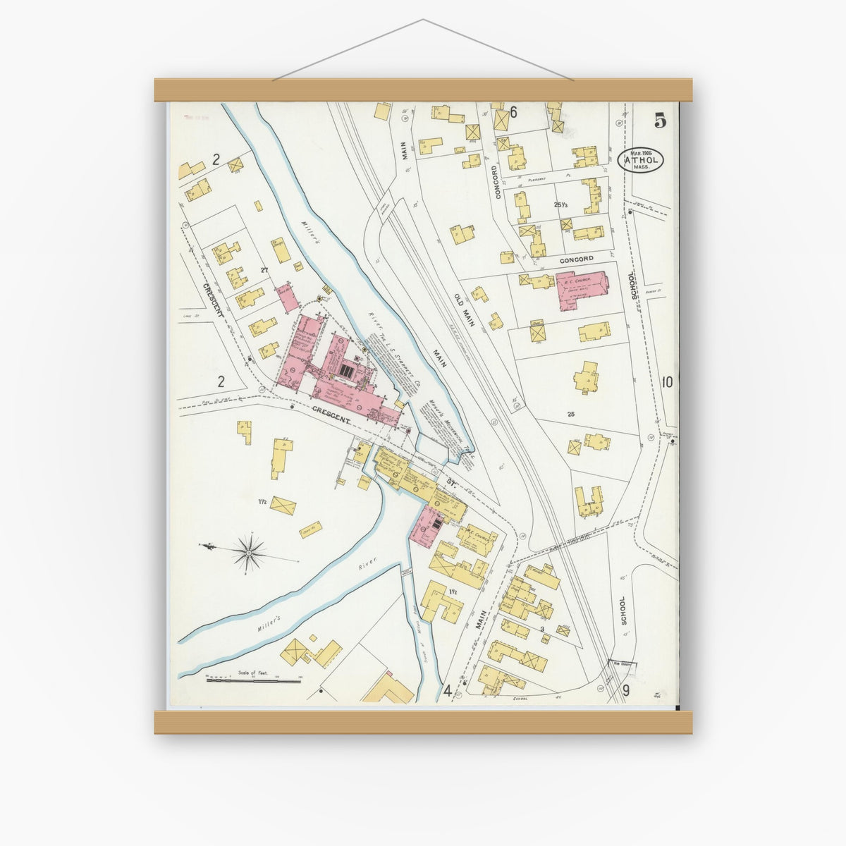 Old map wall art mockup — magnetic wood frame on white wall — Sanborn Fire Insurance Map from Athol, Worcester County, Massachusetts (1905), Sheet #0005
