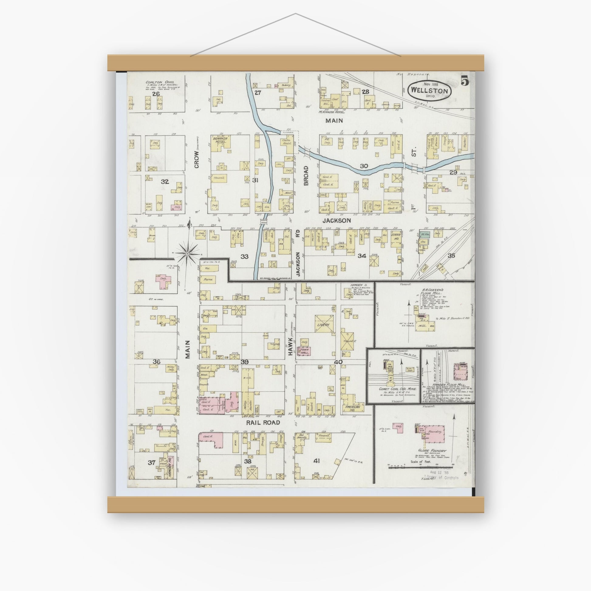 Old map wall art mockup — magnetic wood frame on white wall — Sanborn Fire Insurance Map from Wellston, Jackson County, Ohio (1888), Sheet #0005