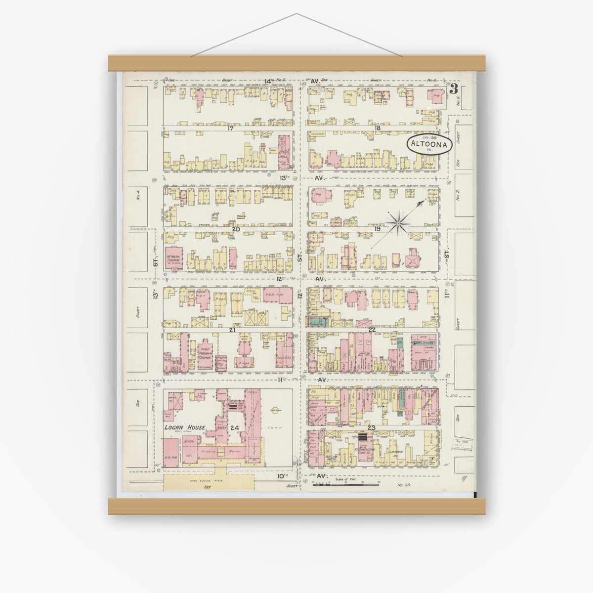 Old map wall art mockup — magnetic wood frame on white wall — Sanborn Fire Insurance Map from Altoona, Blair County, Pennsylvania (1888), Sheet #0003