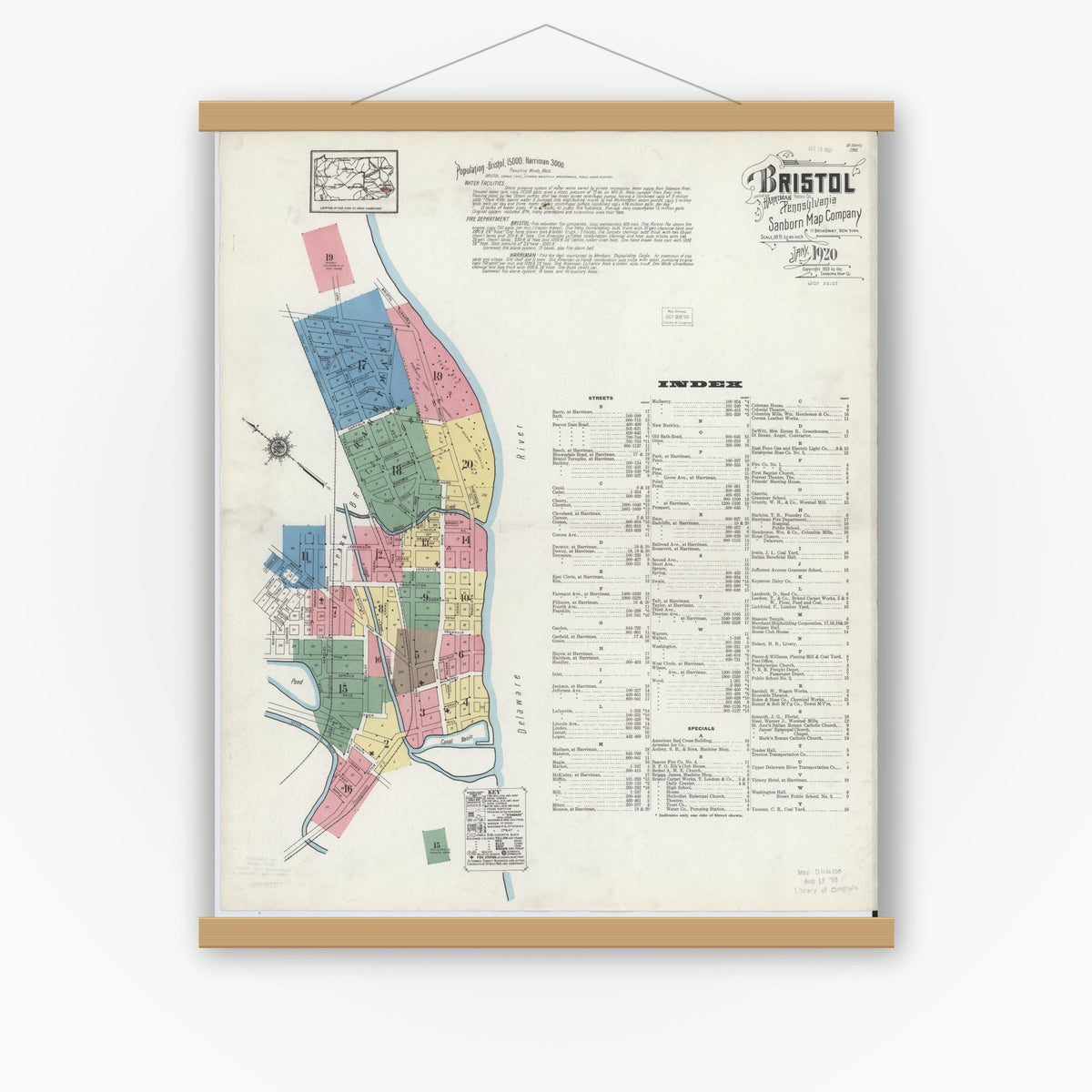 Old map wall art mockup — magnetic wood frame on white wall — Sanborn Fire Insurance Map from Bristol, Bucks County, Pennsylvania (1927), Sheet #0001