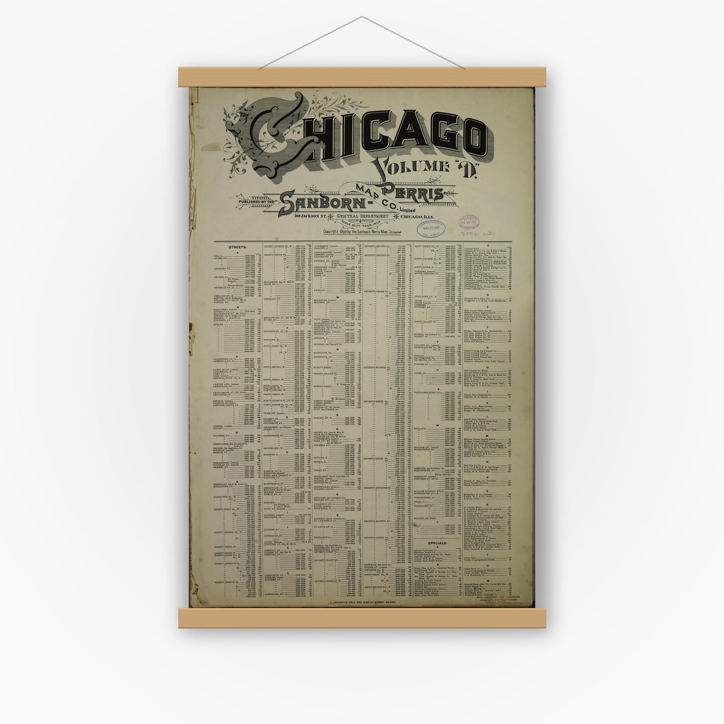 Old map wall art mockup — magnetic wood frame on white wall — Sanborn Fire Insurance Map from Chicago, Cook County, Illinois (1897), Sheet #0001
