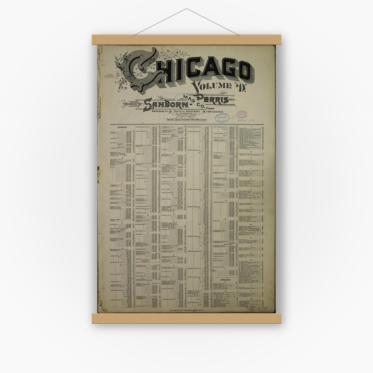 Old map wall art mockup — magnetic wood frame on white wall — Sanborn Fire Insurance Map from Chicago, Cook County, Illinois (1897), Sheet #0001