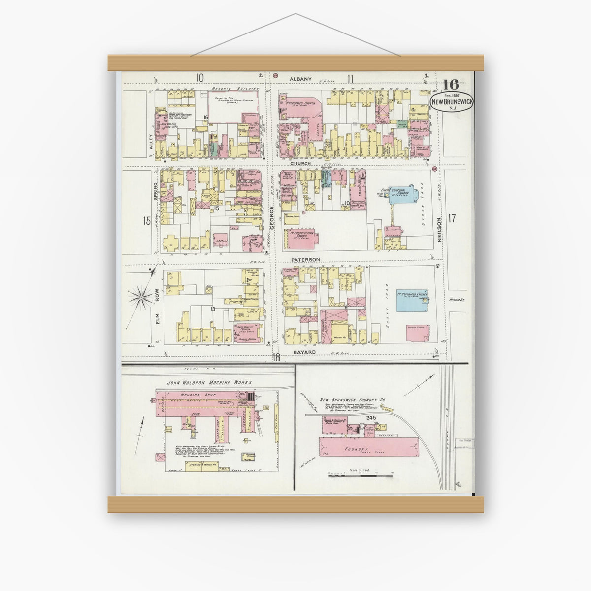 Old map wall art mockup — magnetic wood frame on white wall — Sanborn Fire Insurance Map from New Brunswick, Middlesex County, New Jersey (1897), Sheet #0016