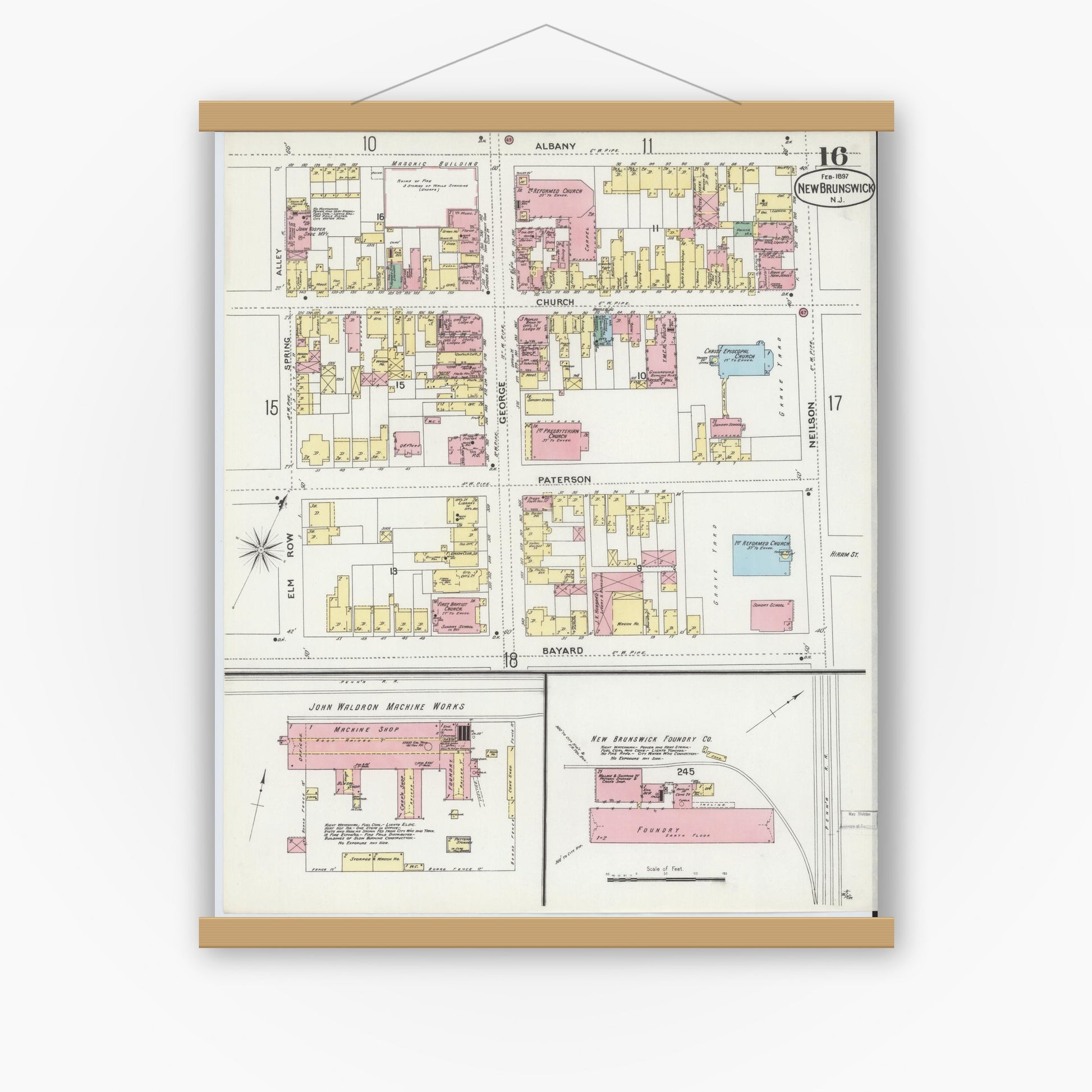 Old map wall art mockup — magnetic wood frame on white wall — Sanborn Fire Insurance Map from New Brunswick, Middlesex County, New Jersey (1897), Sheet #0016