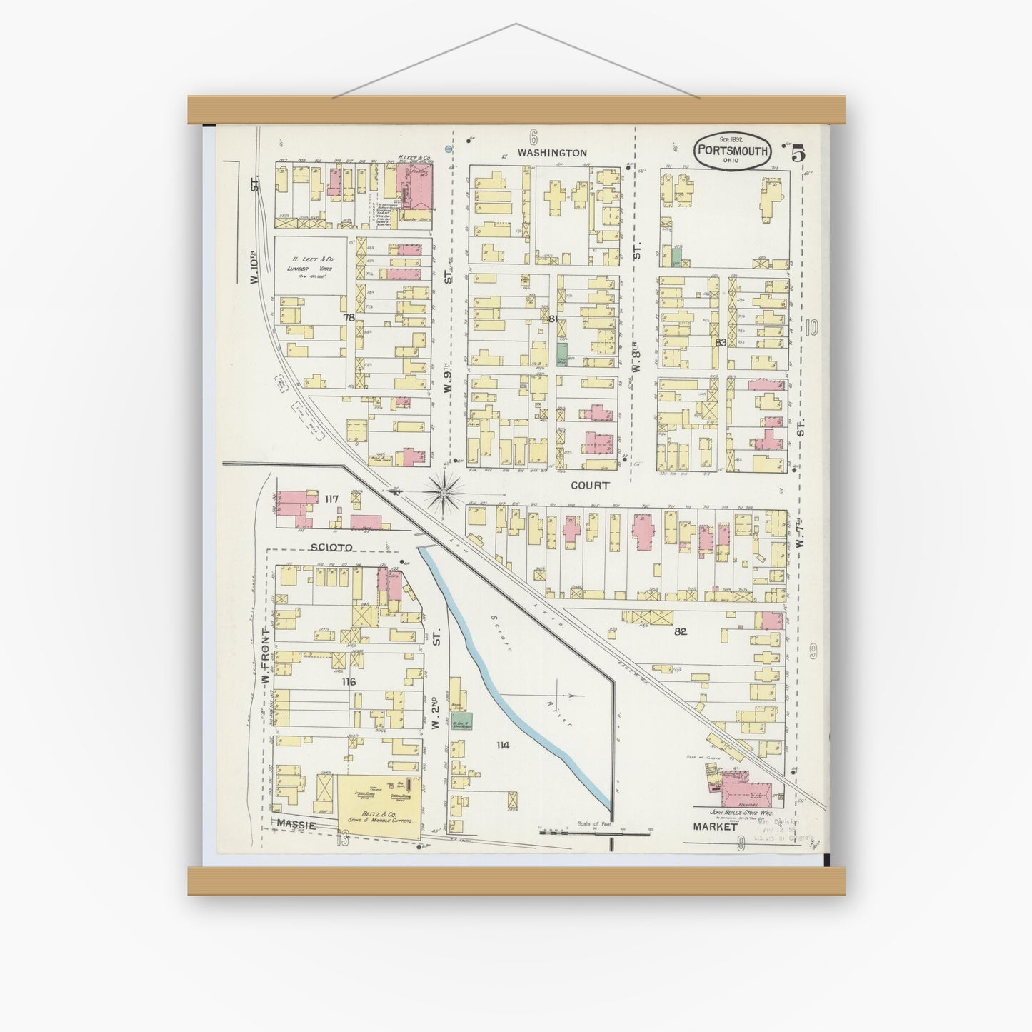 Old map wall art mockup — magnetic wood frame on white wall — Sanborn Fire Insurance Map from Portsmouth, Scioto County, Ohio (1892), Sheet #0005
