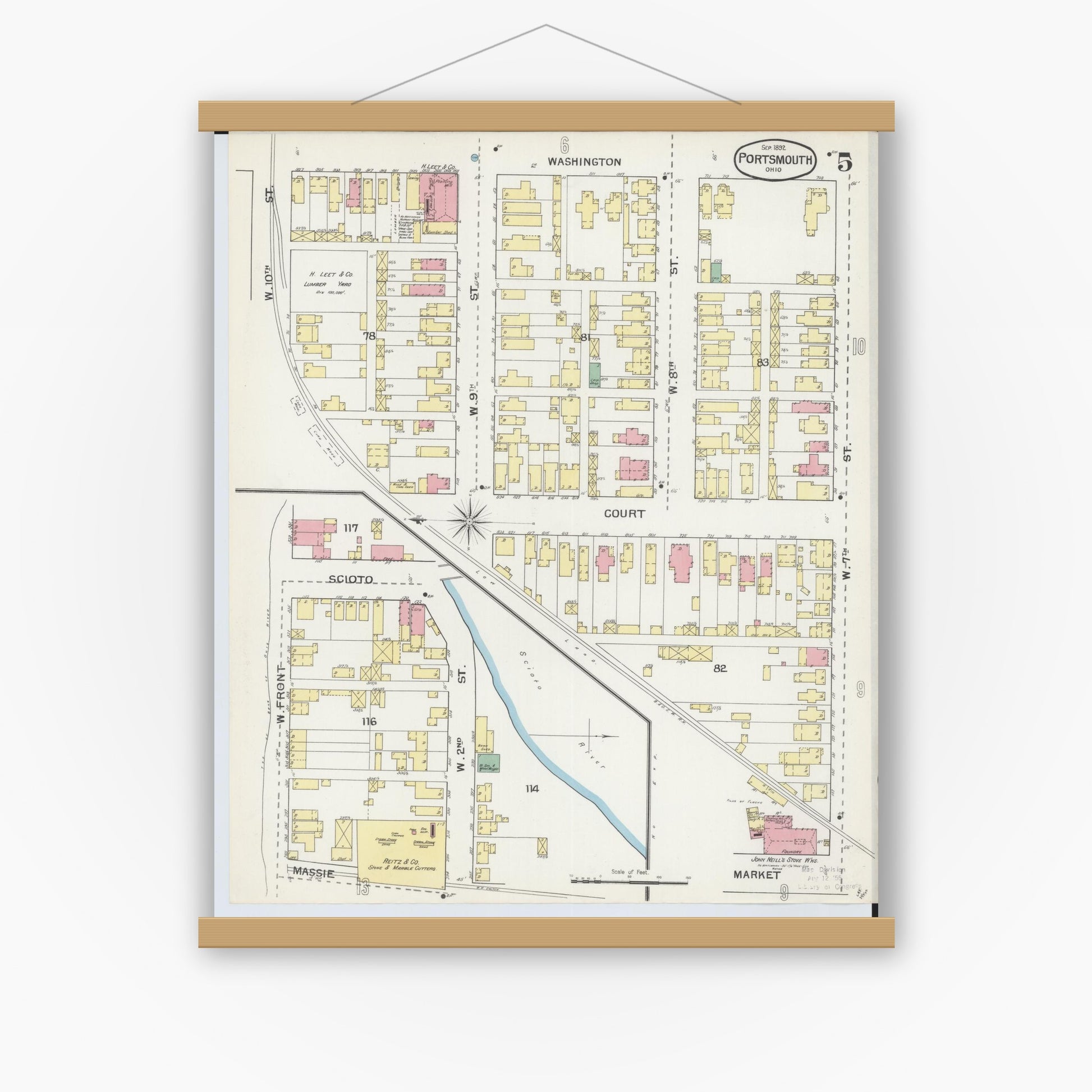 Old map wall art mockup — magnetic wood frame on white wall — Sanborn Fire Insurance Map from Portsmouth, Scioto County, Ohio (1892), Sheet #0005
