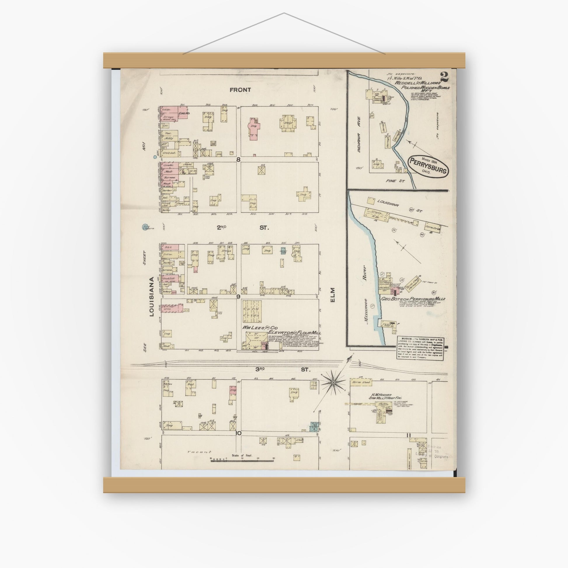 Old map wall art mockup — magnetic wood frame on white wall — Sanborn Fire Insurance Map from Perrysburg, Wood County, Ohio (1884), Sheet #0002
