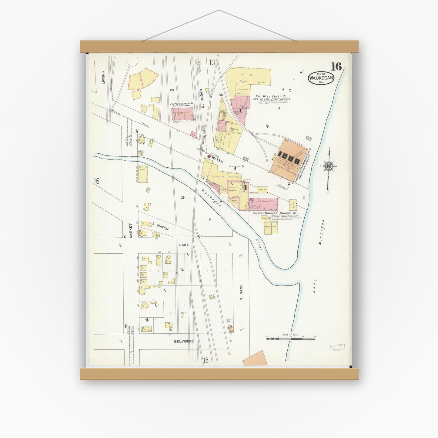 Old map wall art mockup — magnetic wood frame on white wall — Sanborn Fire Insurance Map from Waukegan, Lake County, Illinois (1912), Sheet #0016