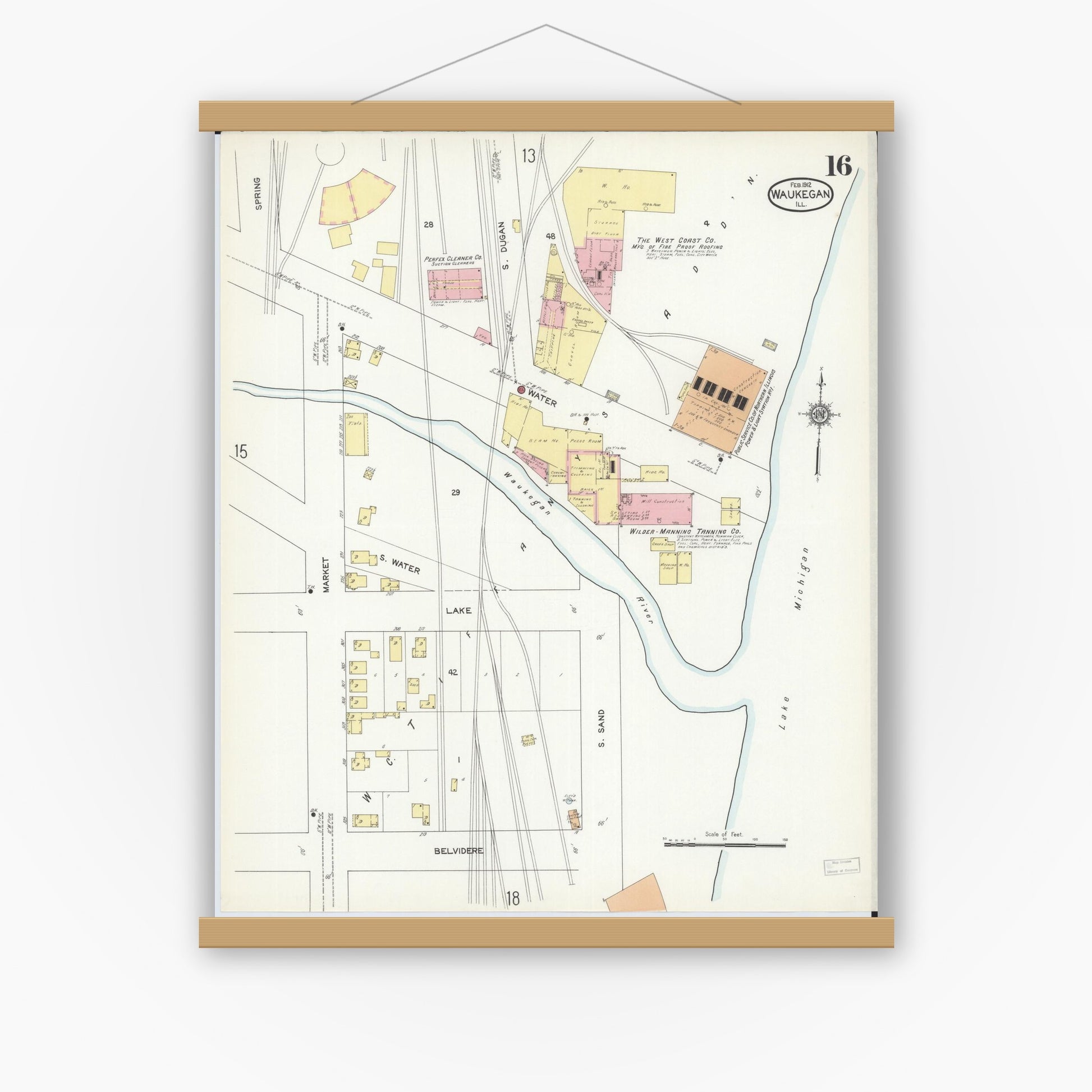 Old map wall art mockup — magnetic wood frame on white wall — Sanborn Fire Insurance Map from Waukegan, Lake County, Illinois (1912), Sheet #0016