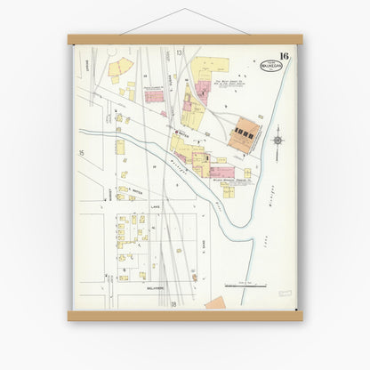 Old map wall art mockup — magnetic wood frame on white wall — Sanborn Fire Insurance Map from Waukegan, Lake County, Illinois (1912), Sheet #0016