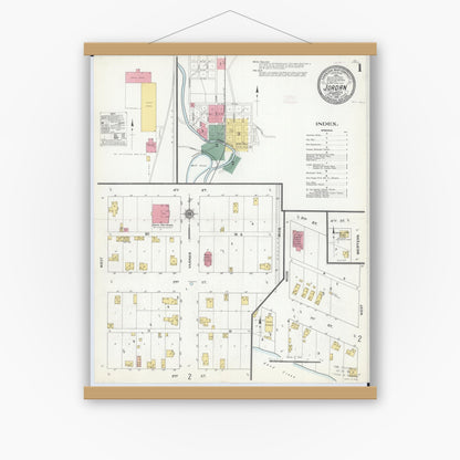 Old map wall art mockup — magnetic wood frame on white wall — Sanborn Fire Insurance Map from Jordan, Scott County, Minnesota (1910), Sheet #0001