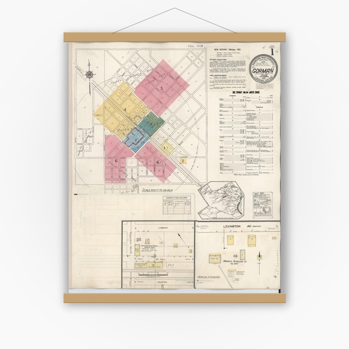 Old map wall art mockup — magnetic wood frame on white wall — Sanborn Fire Insurance Map from Gorman, Eastland County, Texas (1945) - Complete Map Set