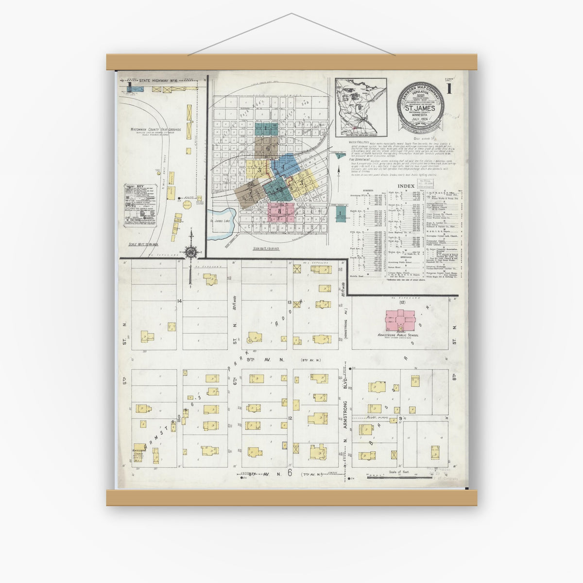 Old map wall art mockup — magnetic wood frame on white wall — Sanborn Fire Insurance Map from Saint James, Watonwan County, Minnesota (1924) - Complete Map Set
