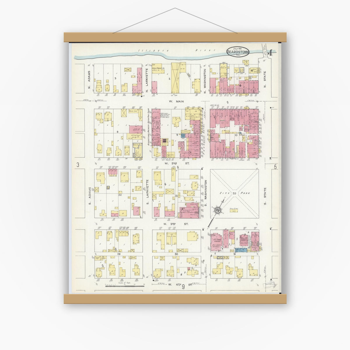 Old map wall art mockup — magnetic wood frame on white wall — Sanborn Fire Insurance Map from Beardstown, Cass County, Illinois (1913), Sheet #0004