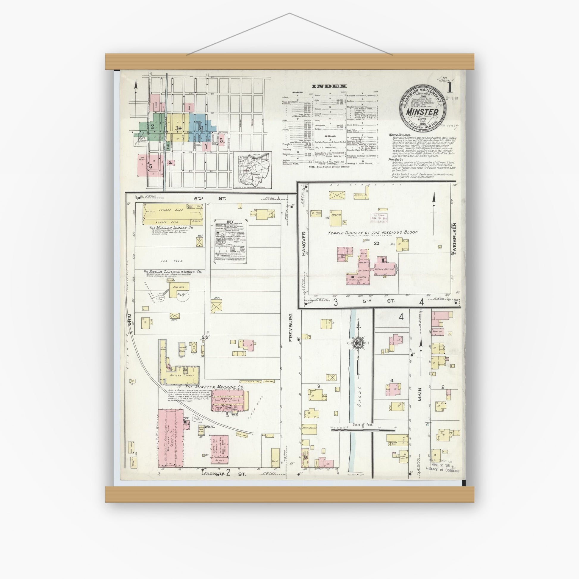 Old map wall art mockup — magnetic wood frame on white wall — Sanborn Fire Insurance Map from Minster, Auglaize County, Ohio (1914), Sheet #0001
