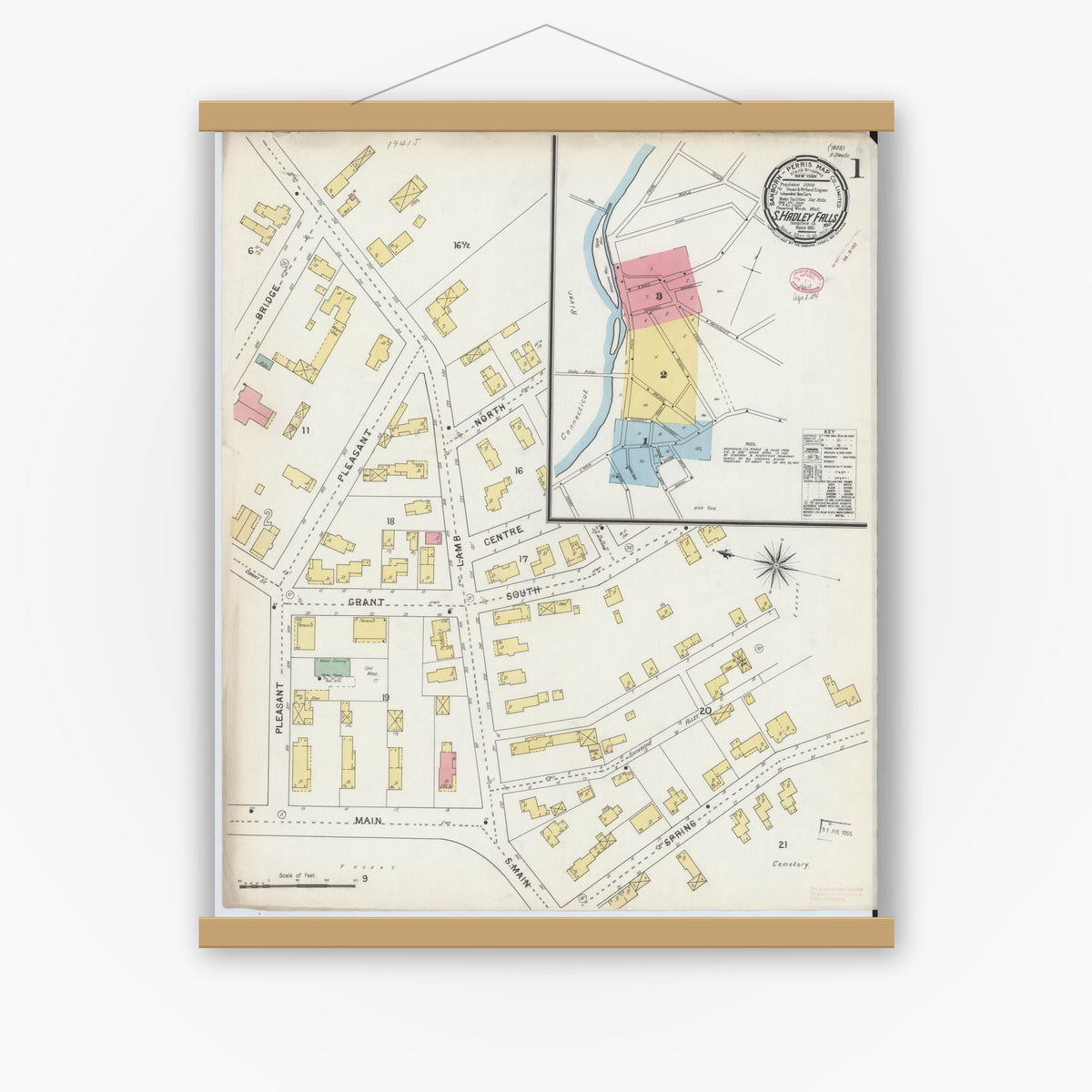 Old map wall art mockup — magnetic wood frame on white wall — Sanborn Fire Insurance Map from South Hadley Falls, Hampshire County, Massachusetts (1895) - Complete Map Set