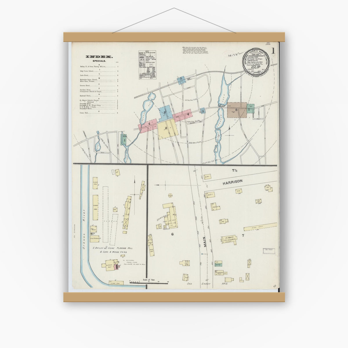 Old map wall art mockup — magnetic wood frame on white wall — Sanborn Fire Insurance Map from Islip, Suffolk County, New York (1890), Sheet #0001