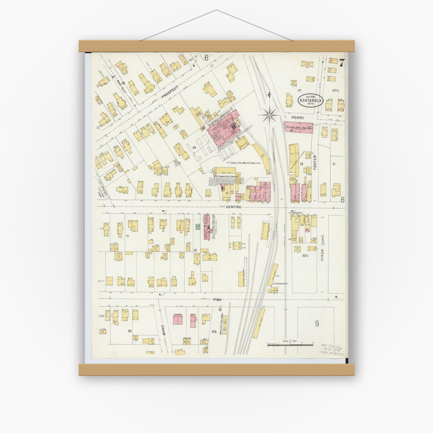 Old map wall art mockup — magnetic wood frame on white wall — Sanborn Fire Insurance Map from Ashtabula, Ashtabula County, Ohio (1898), Sheet #0007