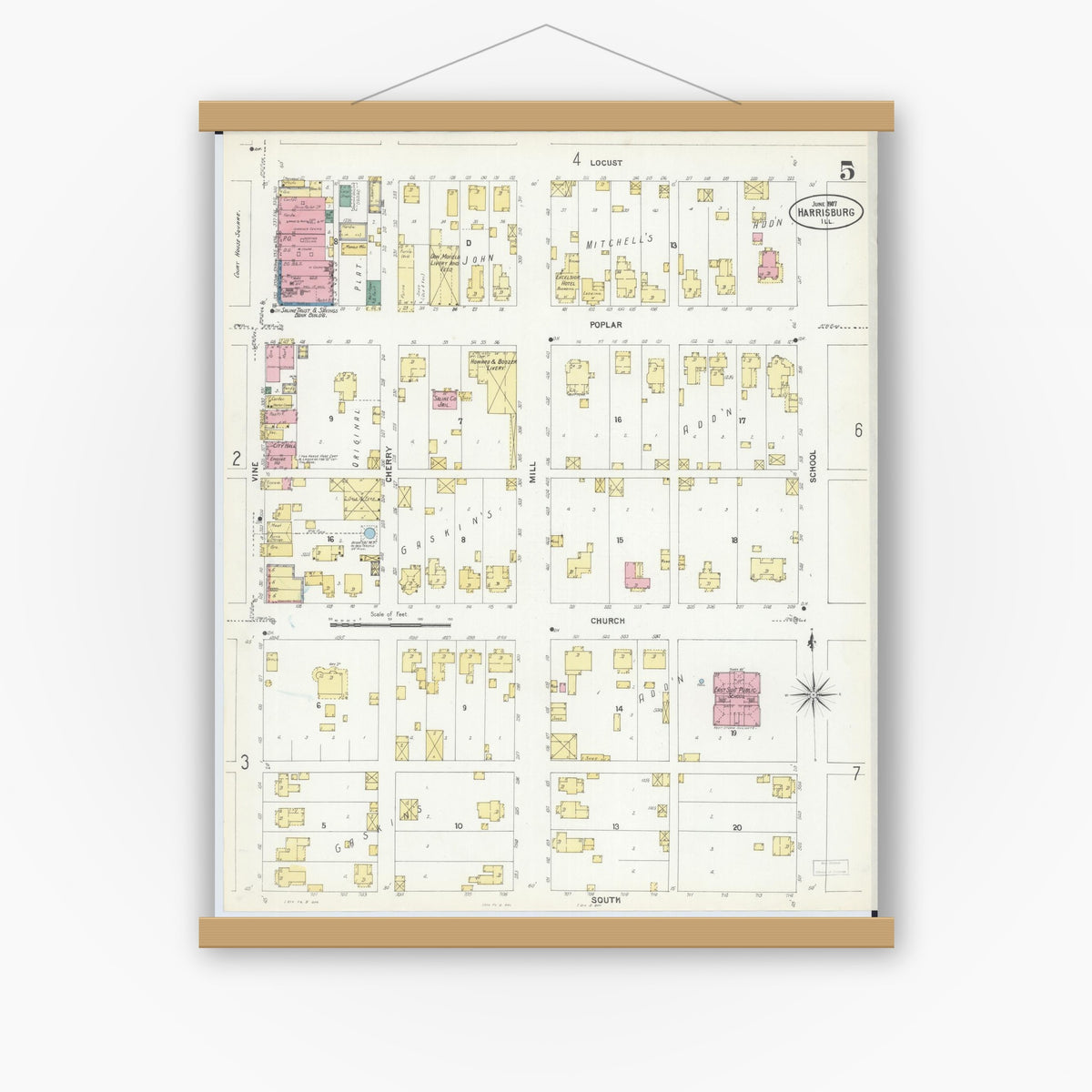 Old map wall art mockup — magnetic wood frame on white wall — Sanborn Fire Insurance Map from Harrisburg, Saline County, Illinois (1907), Sheet #0005