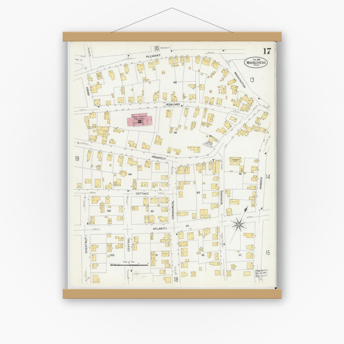 Old map wall art mockup — magnetic wood frame on white wall — Sanborn Fire Insurance Map from Marblehead, Essex County, Massachusetts (1908), Sheet #0017