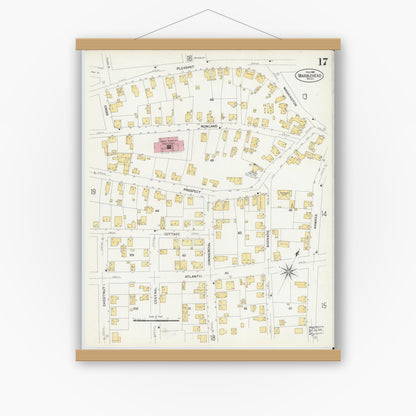Old map wall art mockup — magnetic wood frame on white wall — Sanborn Fire Insurance Map from Marblehead, Essex County, Massachusetts (1908), Sheet #0017