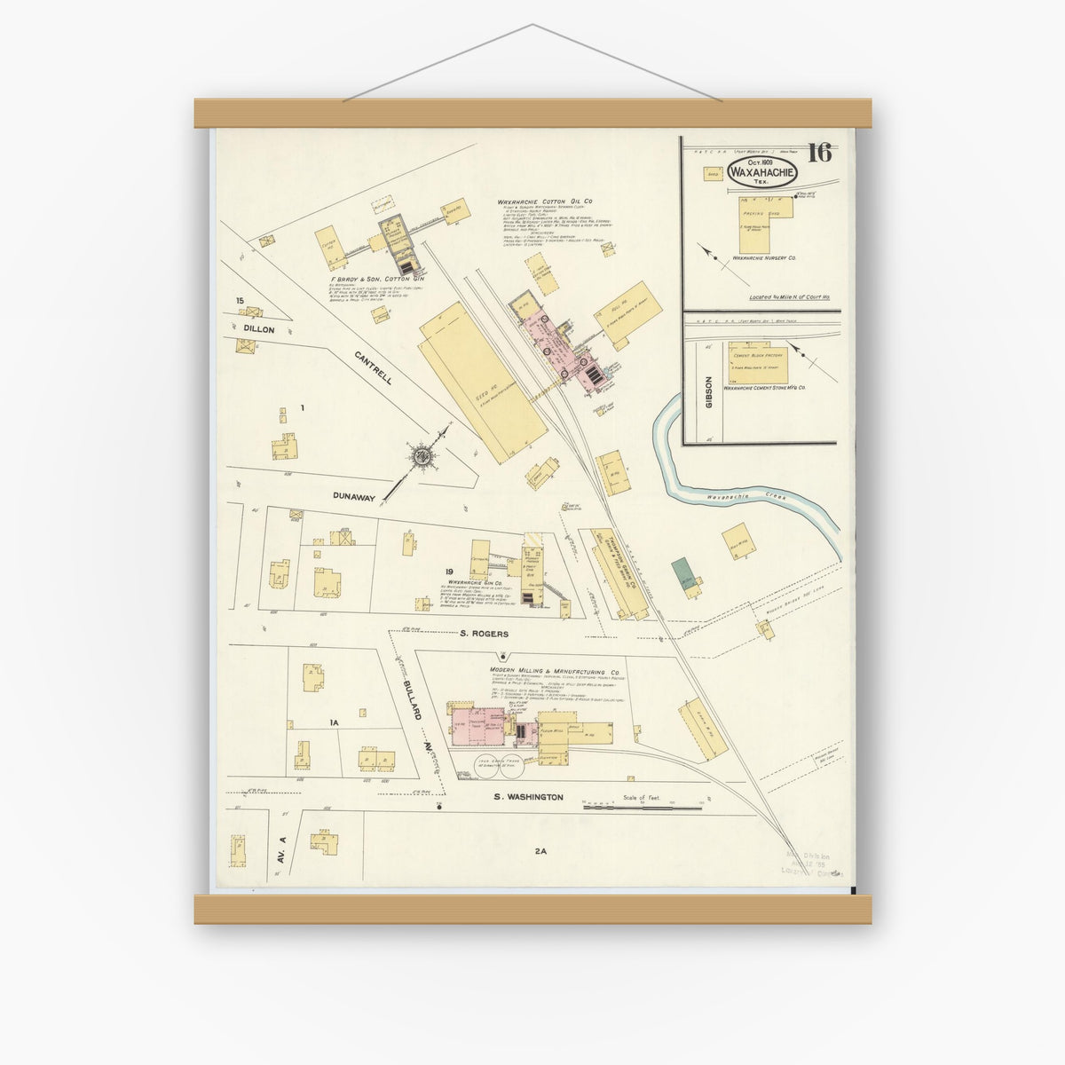 Old map wall art mockup — magnetic wood frame on white wall — Sanborn Fire Insurance Map from Waxahachie, Ellis County, Texas (1909), Sheet #0016