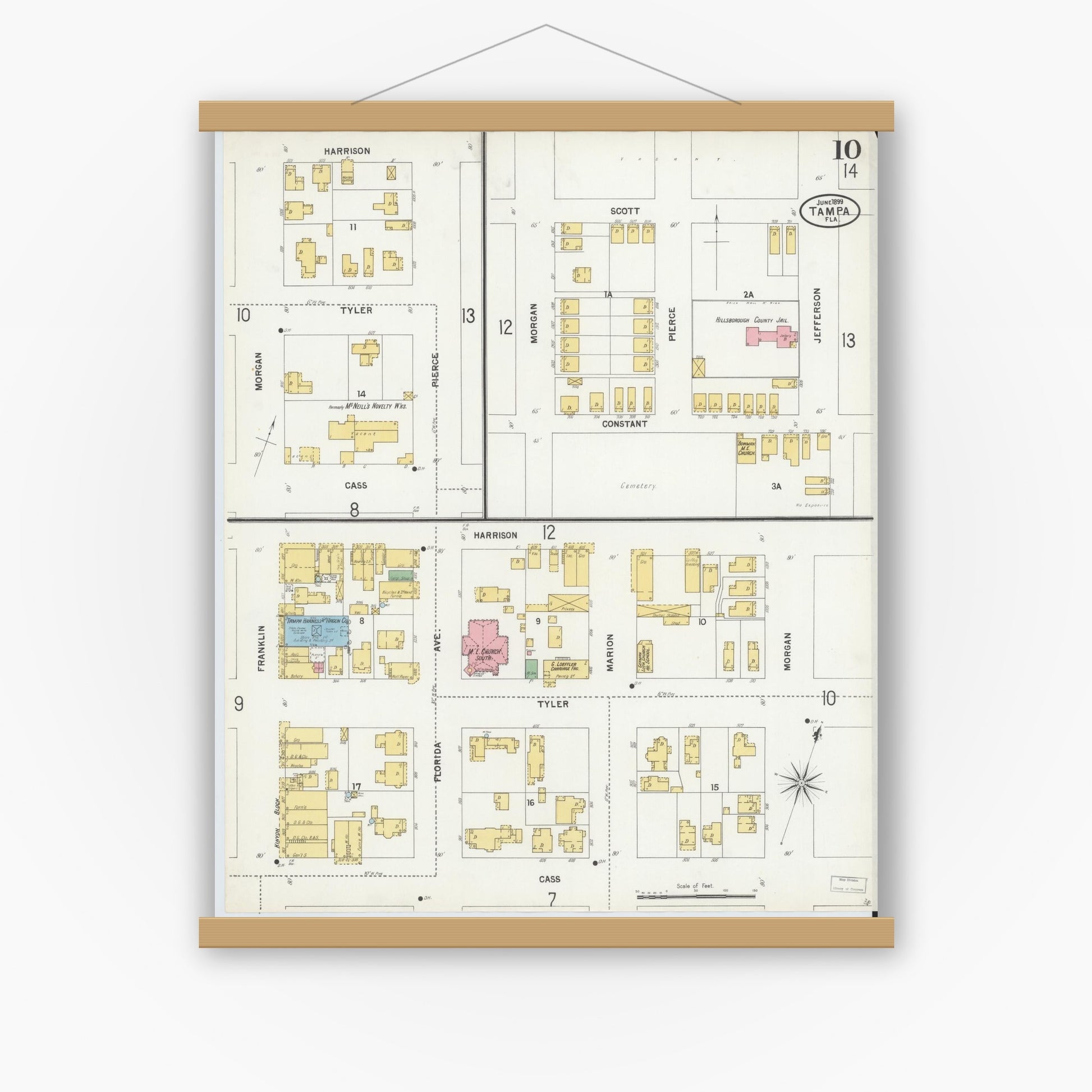 Old map wall art mockup — magnetic wood frame on white wall — Sanborn Fire Insurance Map from Tampa, Hillsborough County, Florida (1899), Sheet #0010