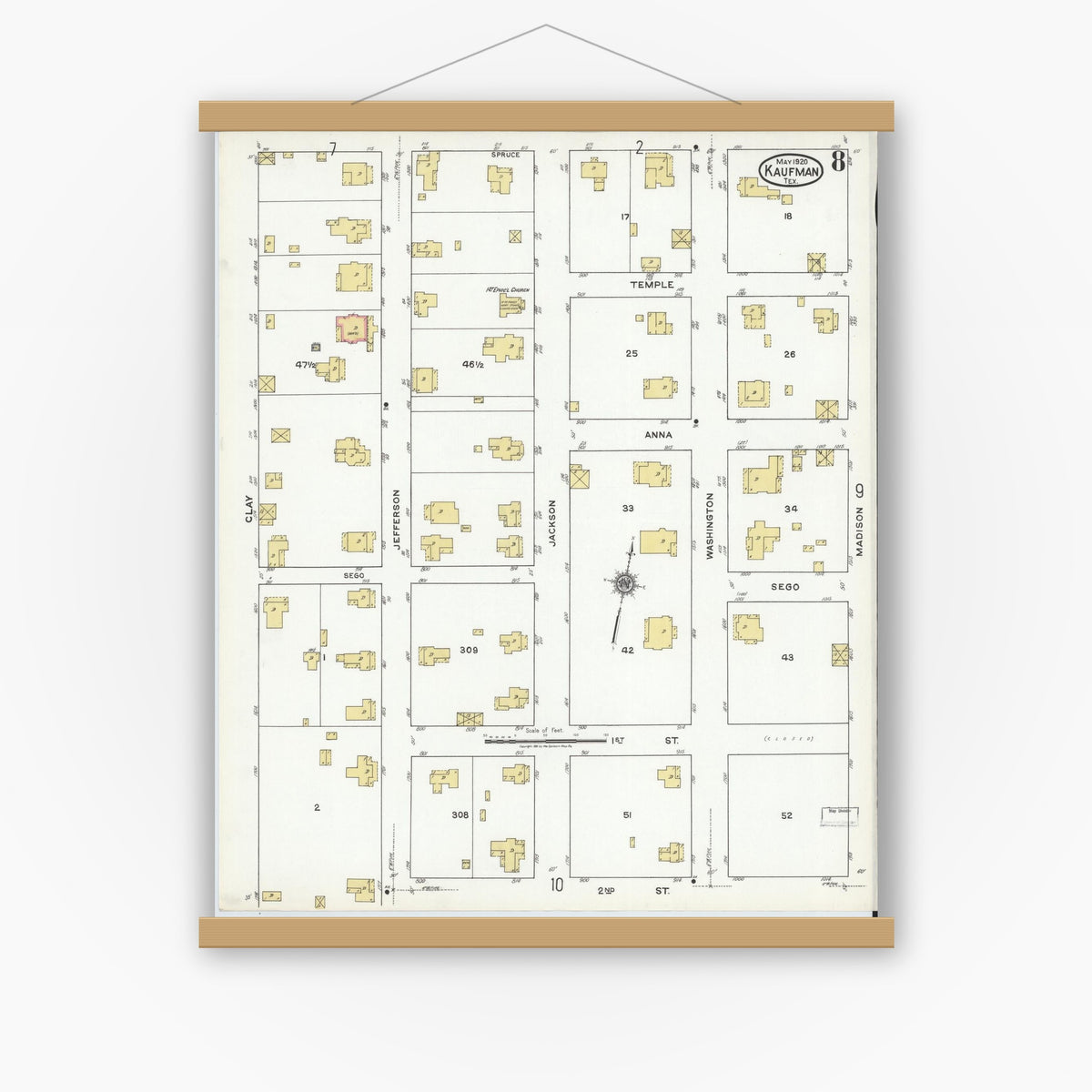 Old map wall art mockup — magnetic wood frame on white wall — Sanborn Fire Insurance Map from Kaufman, Kaufman County, Texas (1920), Sheet #0008