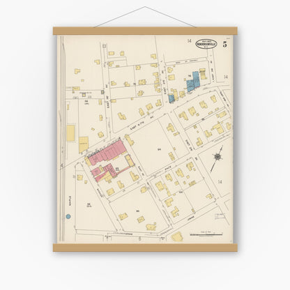 Old map wall art mockup — magnetic wood frame on white wall — Sanborn Fire Insurance Map from Hendersonville, Henderson County, North Carolina (1922), Sheet #0005