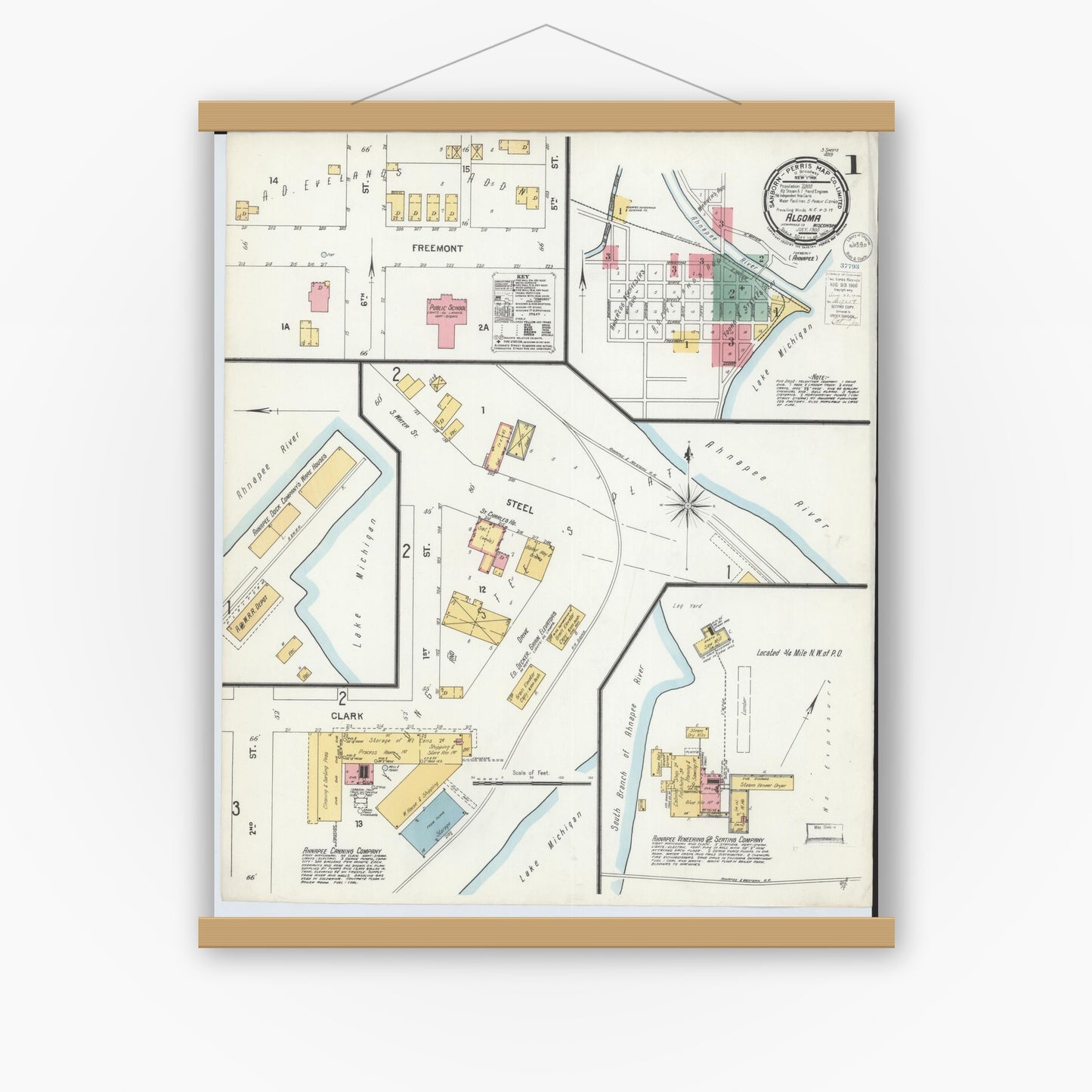 Old map wall art mockup — magnetic wood frame on white wall — Sanborn Fire Insurance Map from Algoma, Kewaunee County, Wisconsin (1900), Sheet #0001