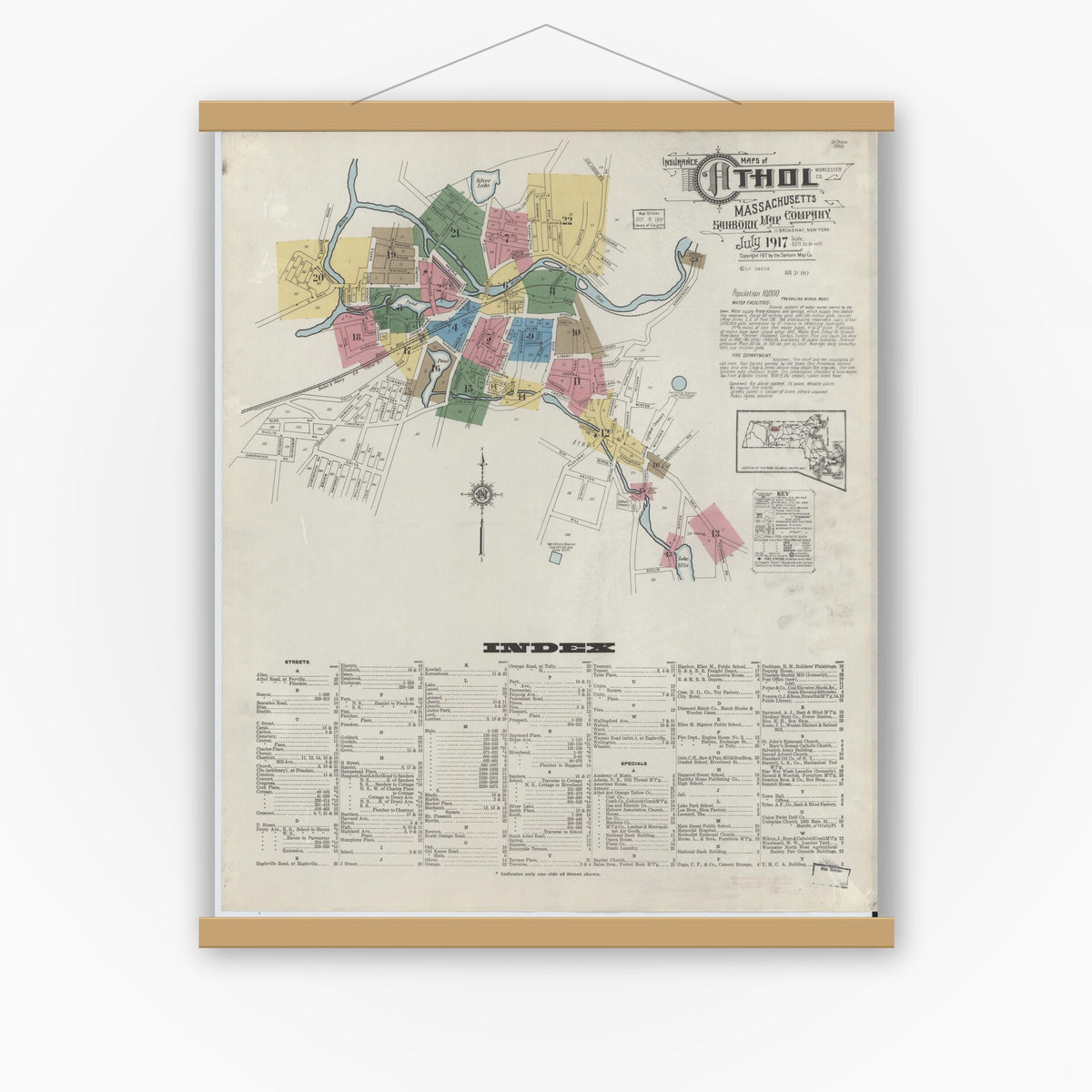Old map wall art mockup — magnetic wood frame on white wall — Sanborn Fire Insurance Map from Athol, Worcester County, Massachusetts (1917), Sheet #0001